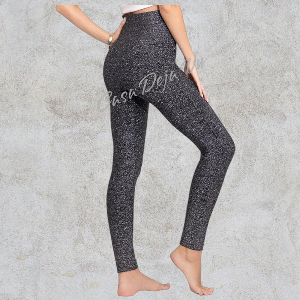 Max Collection Fleece Lined Sparkle Silver Festive Party Yoga Leggings Pants